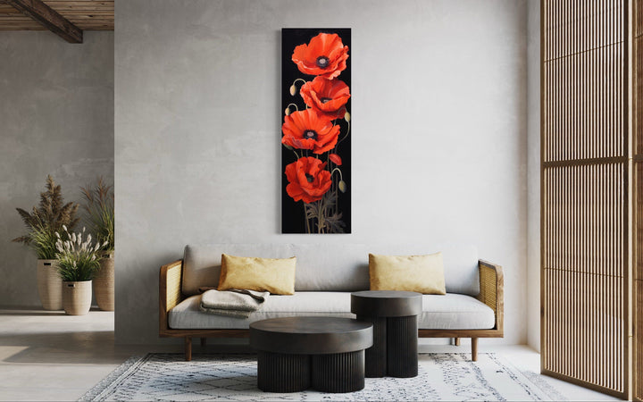 Long Narrow Red Poppies On Black Background Vertical Framed Canvas Wall Art