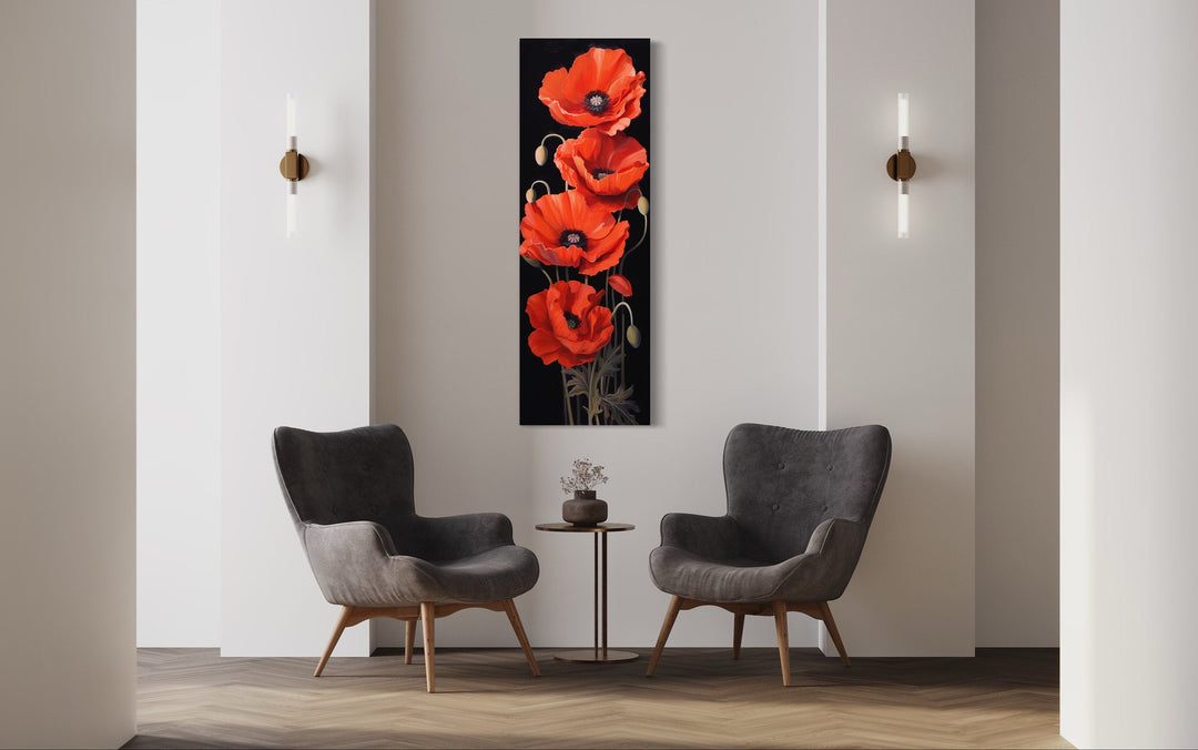 Long Narrow Red Poppies On Black Background Vertical Framed Canvas Wall Art