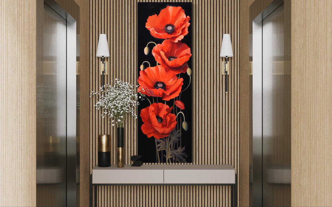 Long Narrow Red Poppies On Black Background Vertical Framed Canvas Wall Art