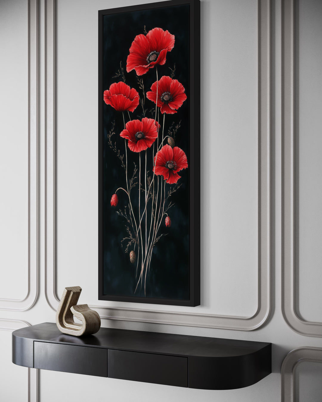 Long narrow red poppies on black background vertical framed canvas wall ...