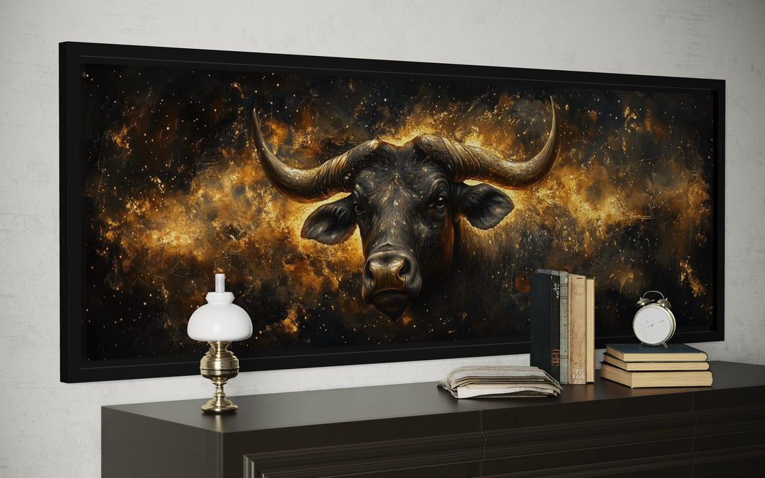 Long narrow Taurus zodiac wall art with a black and gold bull.