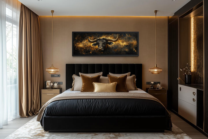 Long horizontal canvas art of a black and gold bull against a celestial background.