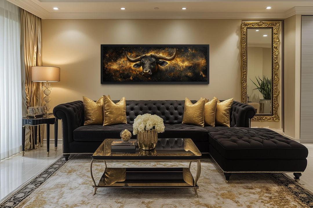 Long narrow Taurus zodiac wall art with a black and gold bull on a celestial background.