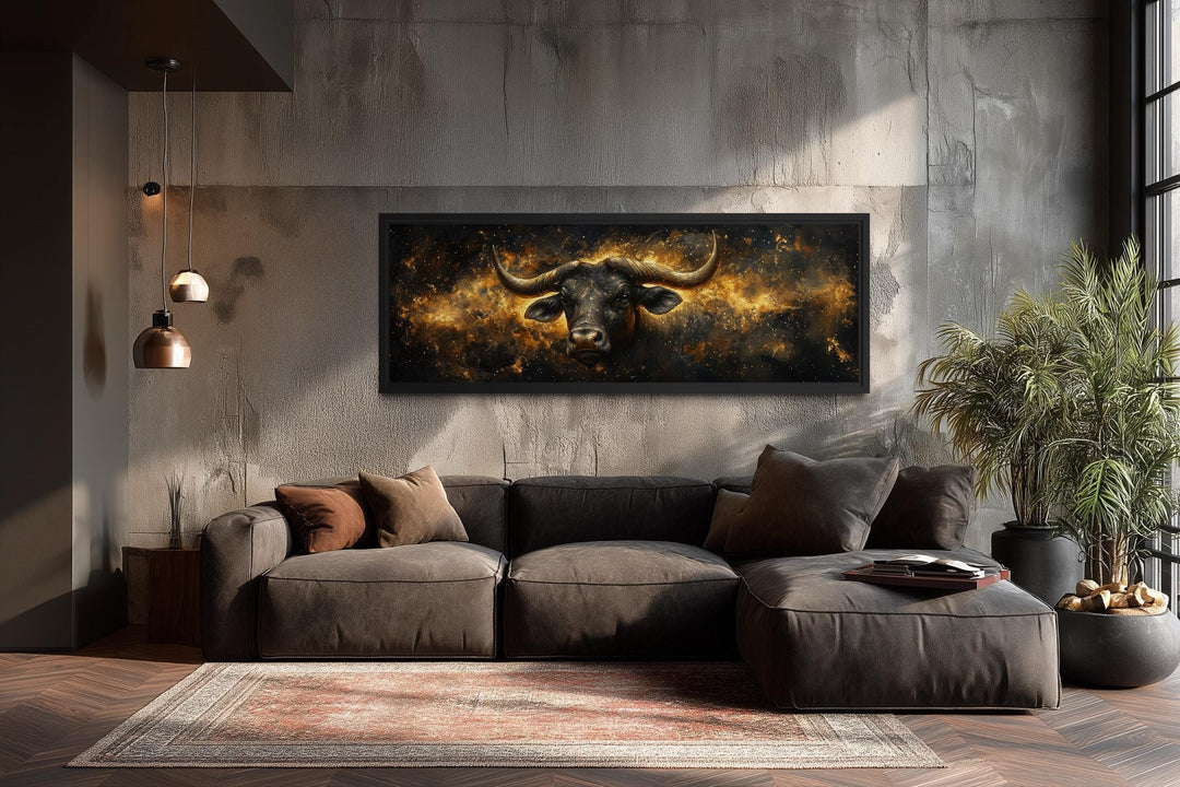 Long narrow Taurus zodiac wall art with a black and gold bull against a celestial background.