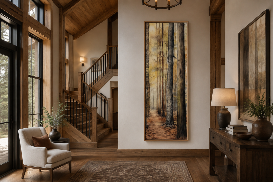 Long narrow vertical framed canvas wall art featuring a watercolor forest scene in a rustic cabin.