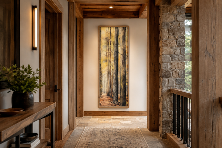 Long narrow vertical framed canvas wall art featuring a watercolor forest scene in a rustic hallway.