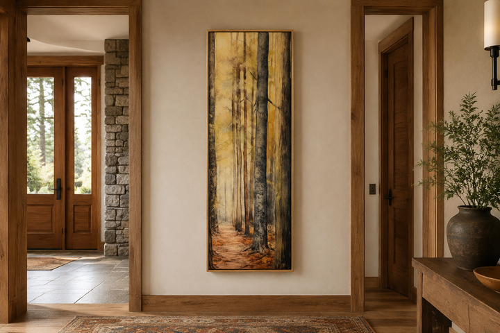 Long narrow vertical framed canvas wall art of a forest scene hanging in a rustic hallway.