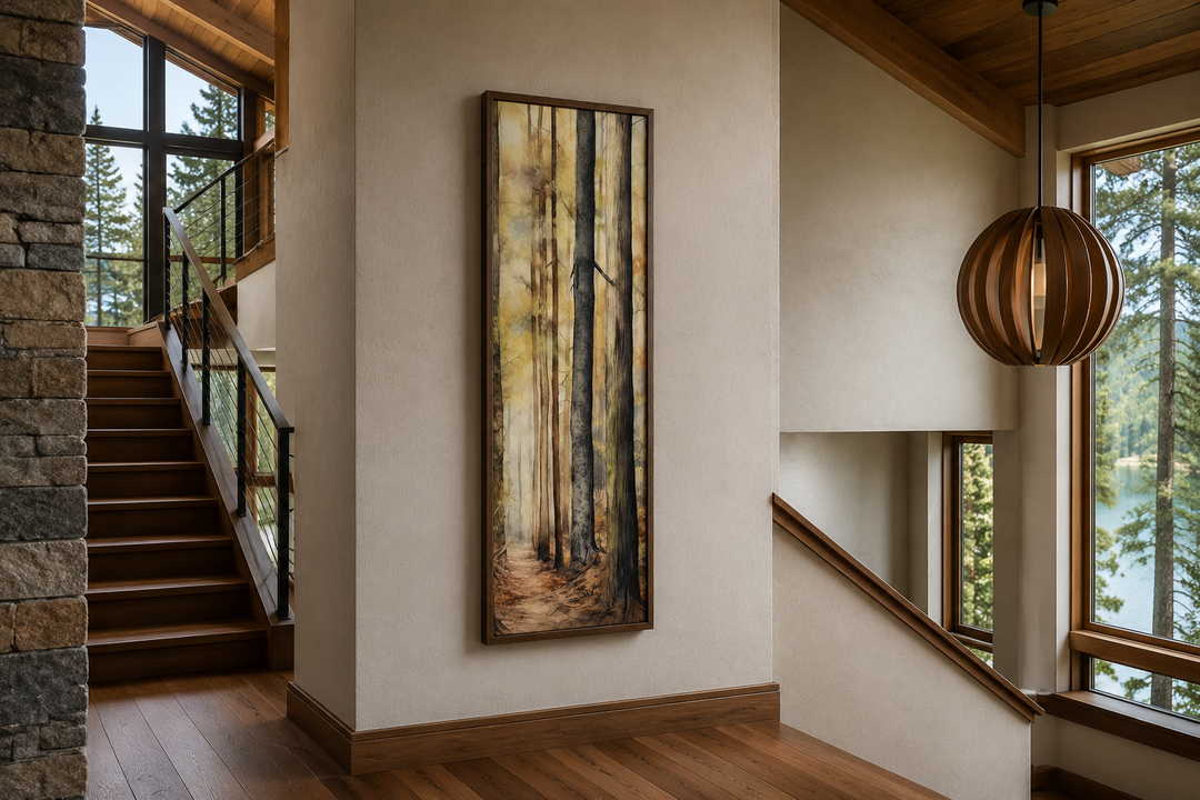 Vertical framed canvas wall art of a watercolor forest scene in a rustic cabin interior.