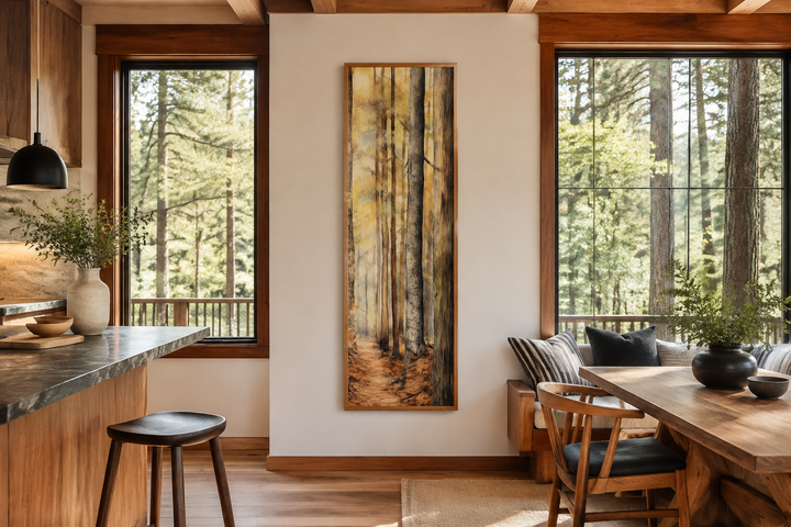 Long narrow vertical framed canvas wall art of a watercolor forest scene in a rustic cabin interior.