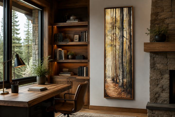 Long narrow vertical framed canvas wall art featuring a watercolor forest scene in a rustic office.