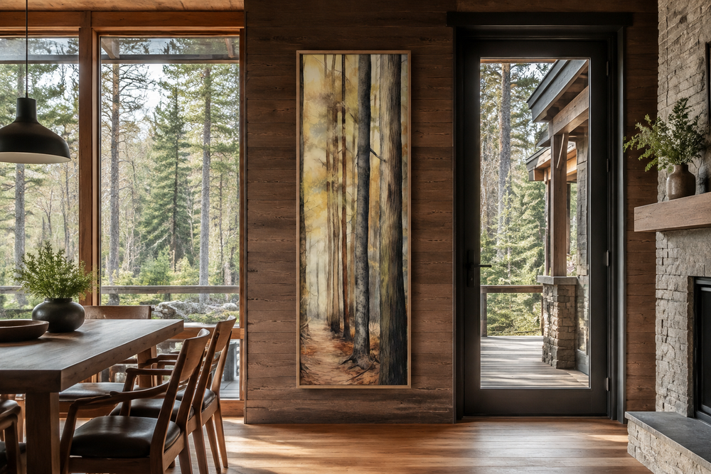Long narrow vertical framed canvas wall art featuring a watercolor forest scene in a rustic cabin.