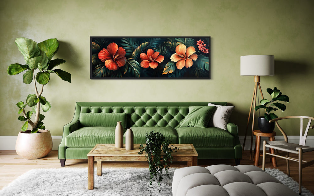 Long Narrow Tropical Flowers Framed Canvas Wall Art Above green couch