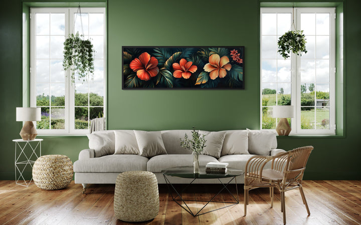 Long Narrow Tropical Flowers Framed Canvas Wall Art Above Bed