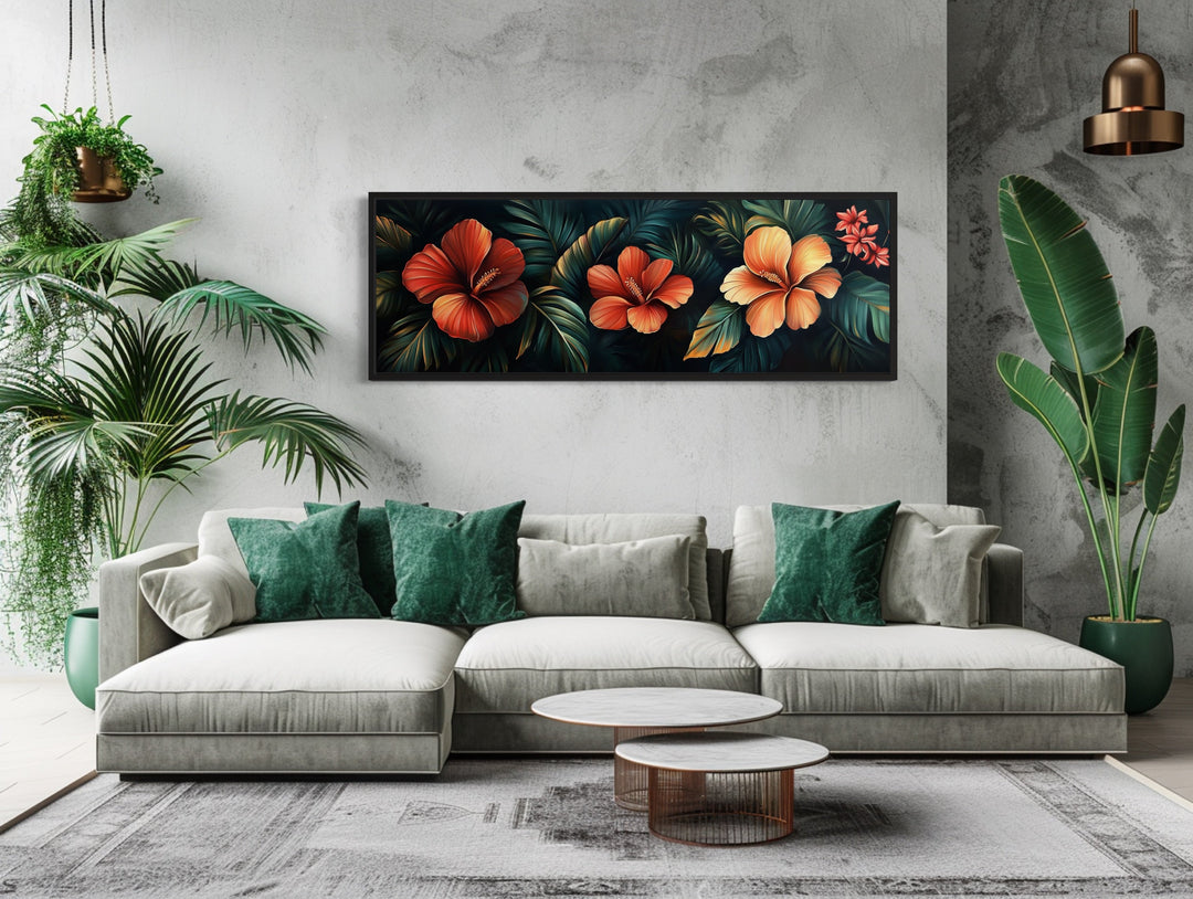 Long Narrow Tropical Flowers Framed Canvas Wall Art Above Bed