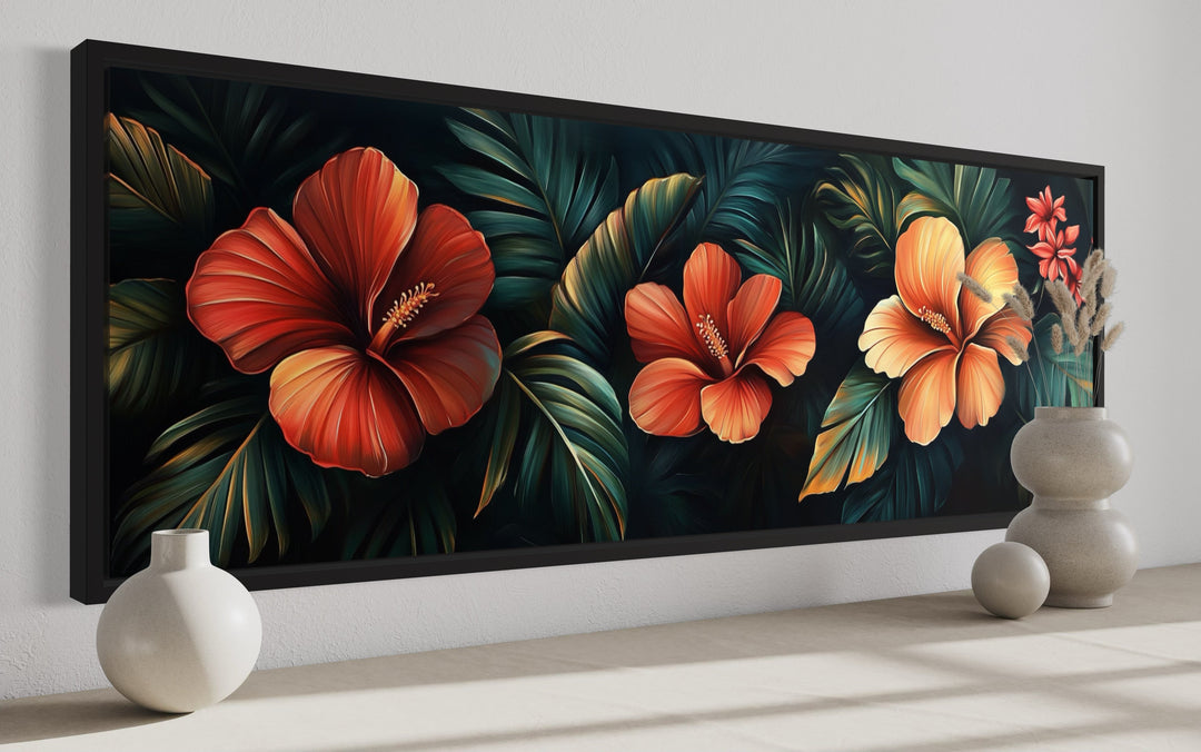 Wall Art For Bedroom - Long Narrow Tropical Flowers Framed Canvas Wall Art Above Bed