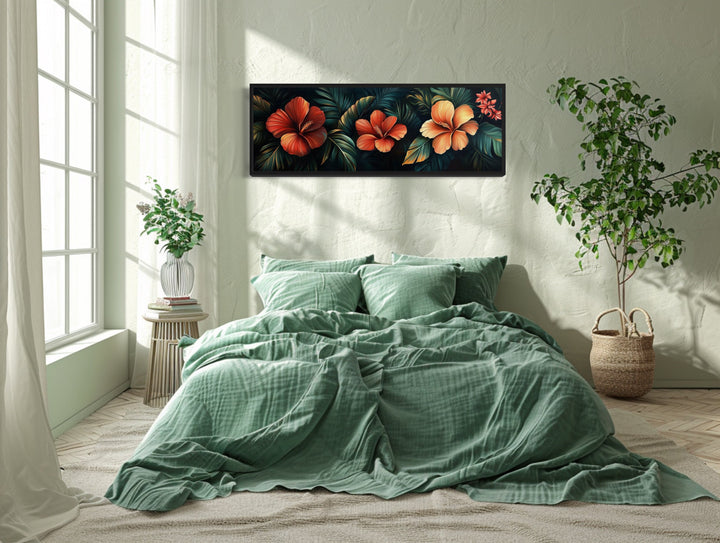 Wall Art For Bedroom - Long Narrow Tropical Flowers Framed Canvas Wall Art Above Bed