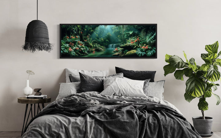 Long Narrow Tropical Forest Green Framed Canvas Wall Art