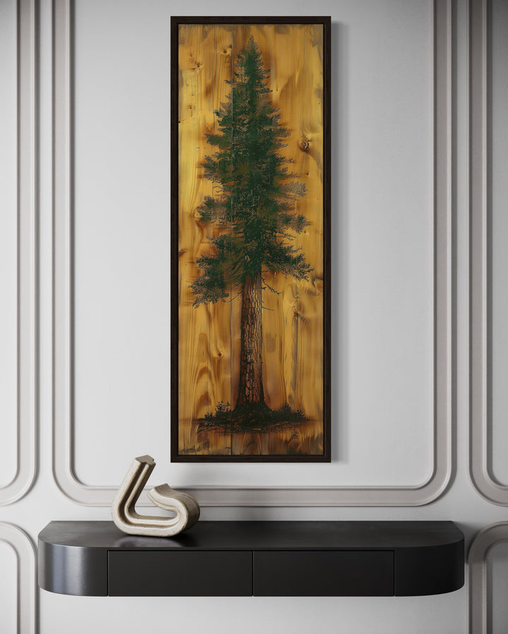 Long Narrow Vertical Green Pine Tree Painted On Wood Rustic Framed Canvas Wall Art