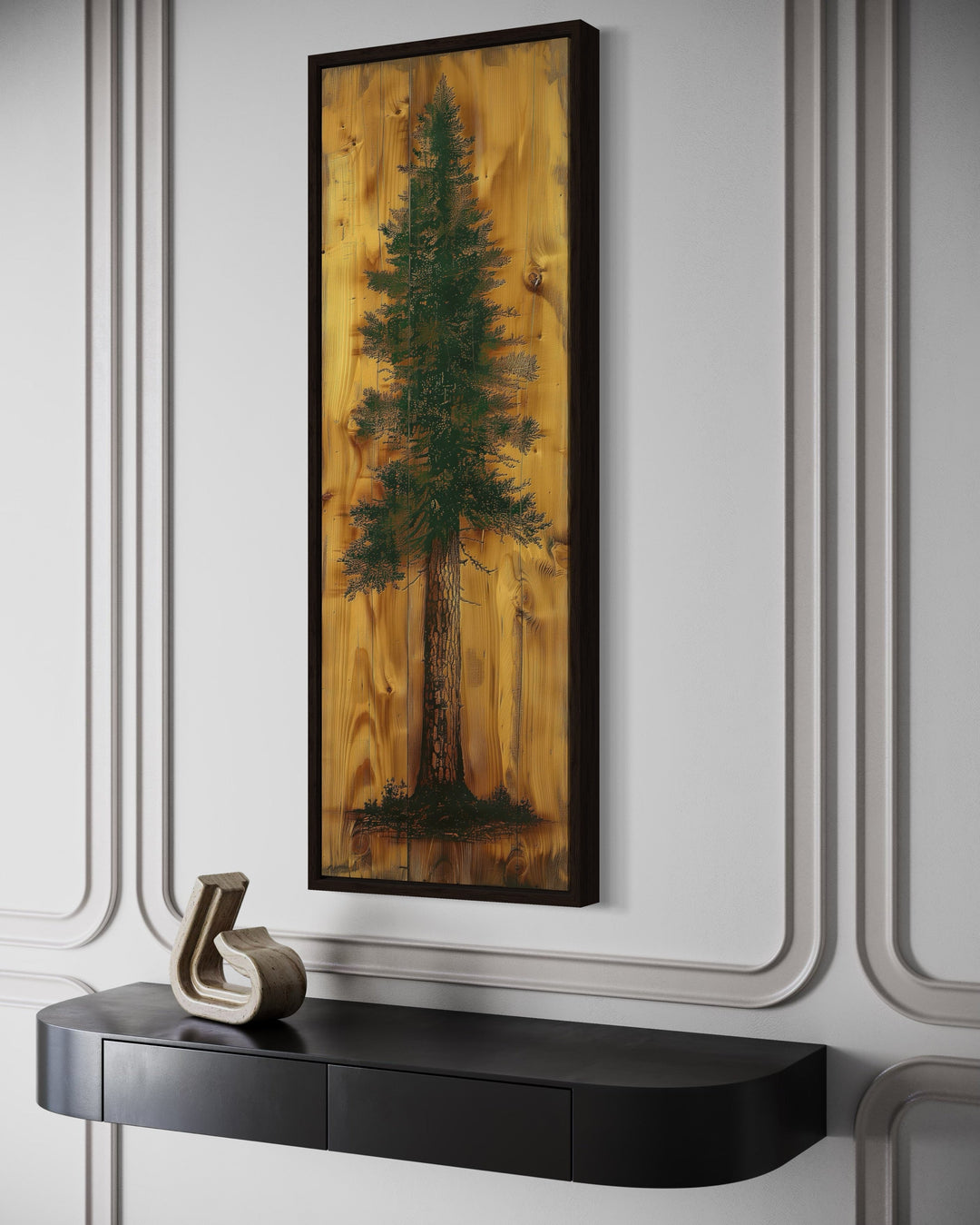 Long Narrow Vertical Green Pine Tree Painted On Wood Rustic Framed Canvas Wall Art