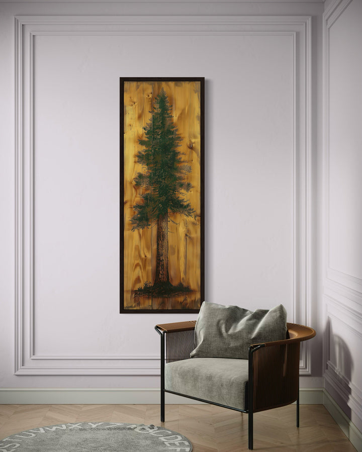 Long Narrow Vertical Green Pine Tree Painted On Wood Rustic Framed Canvas Wall Art