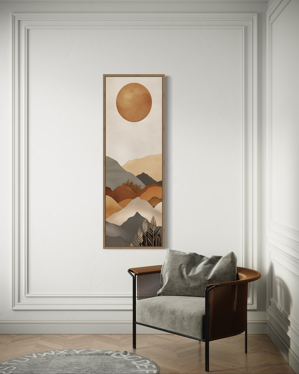 Long Narrow Vertical Mid Century Mountain Landscape Earth Tones Framed Canvas Wall Art