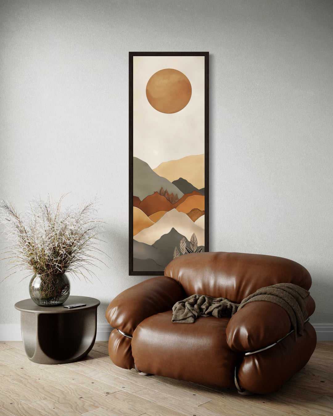 Long Narrow Vertical Mid Century Mountain Landscape Earth Tones Framed Canvas Wall Art