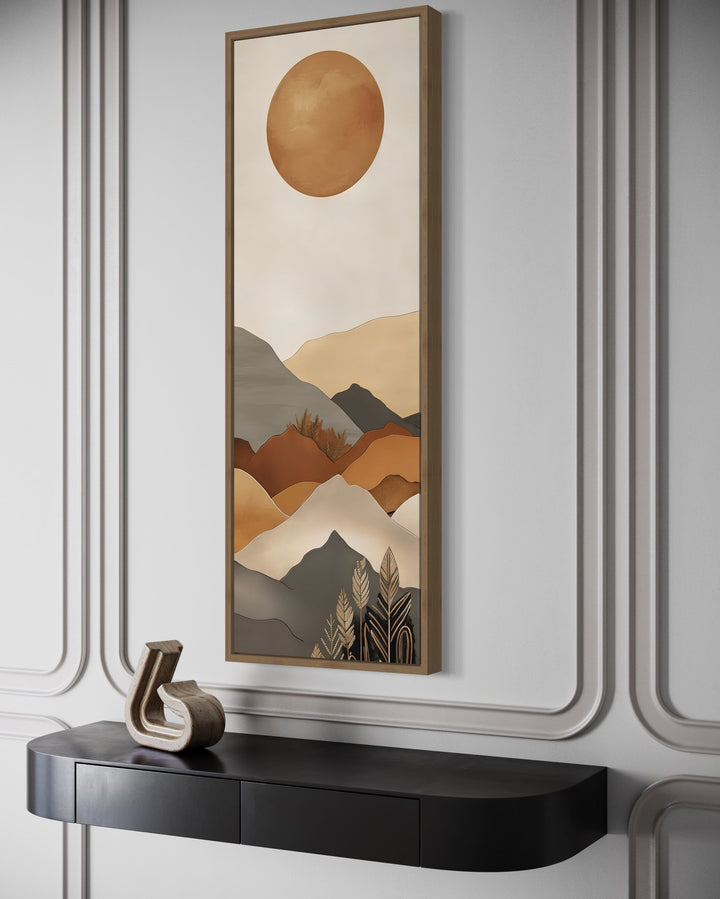 Long Narrow Vertical Mid Century Mountain Landscape Earth Tones Framed Canvas Wall Art