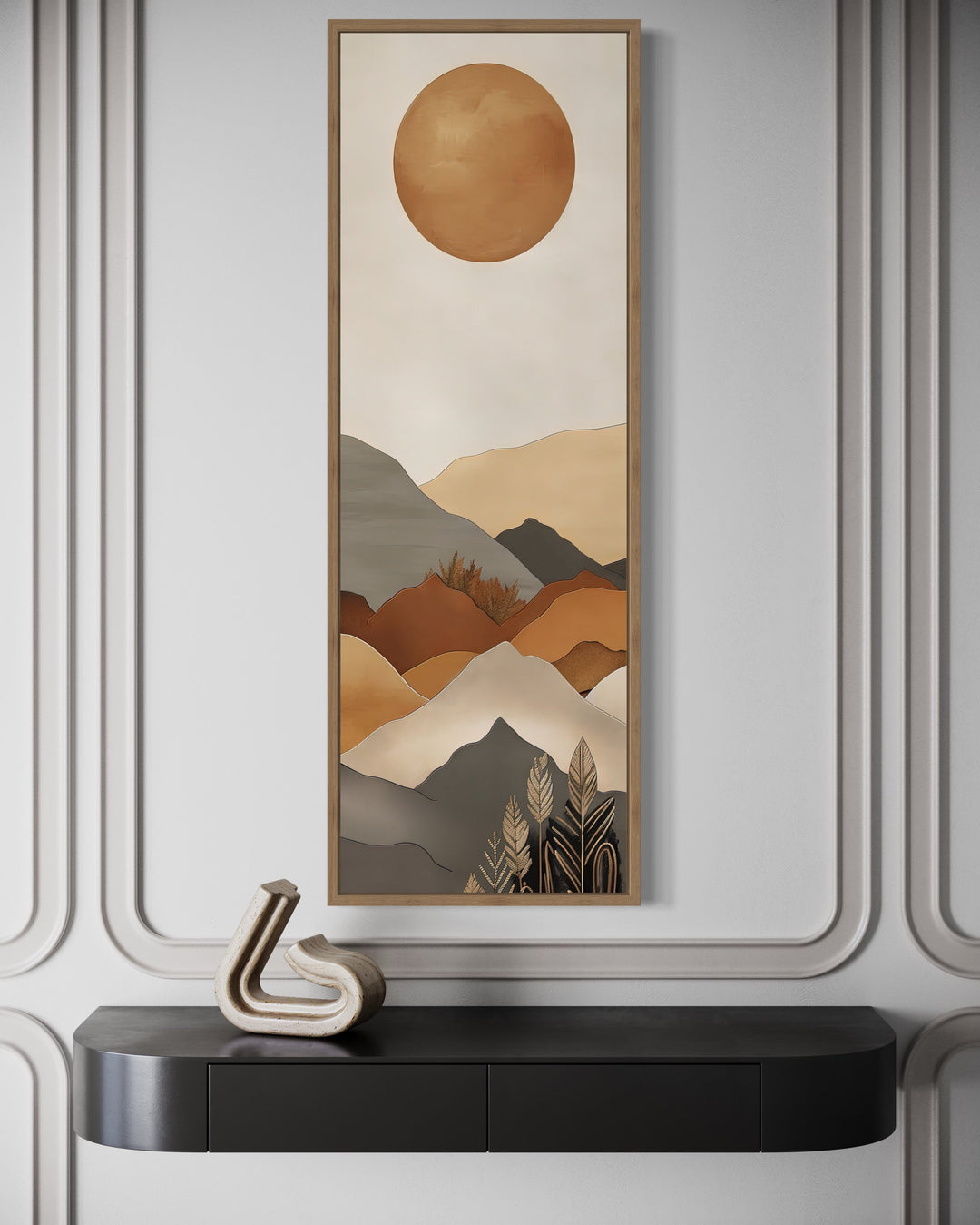 Long Narrow Vertical Mid Century Mountain Landscape Earth Tones Framed Canvas Wall Art