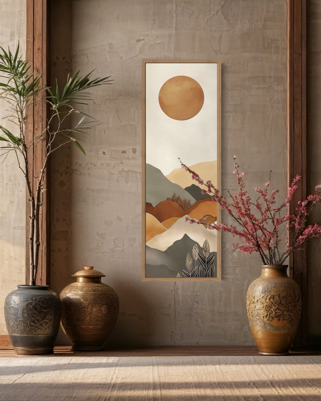 Long Narrow Vertical Mid Century Mountain Landscape Earth Tones Framed Canvas Wall Art