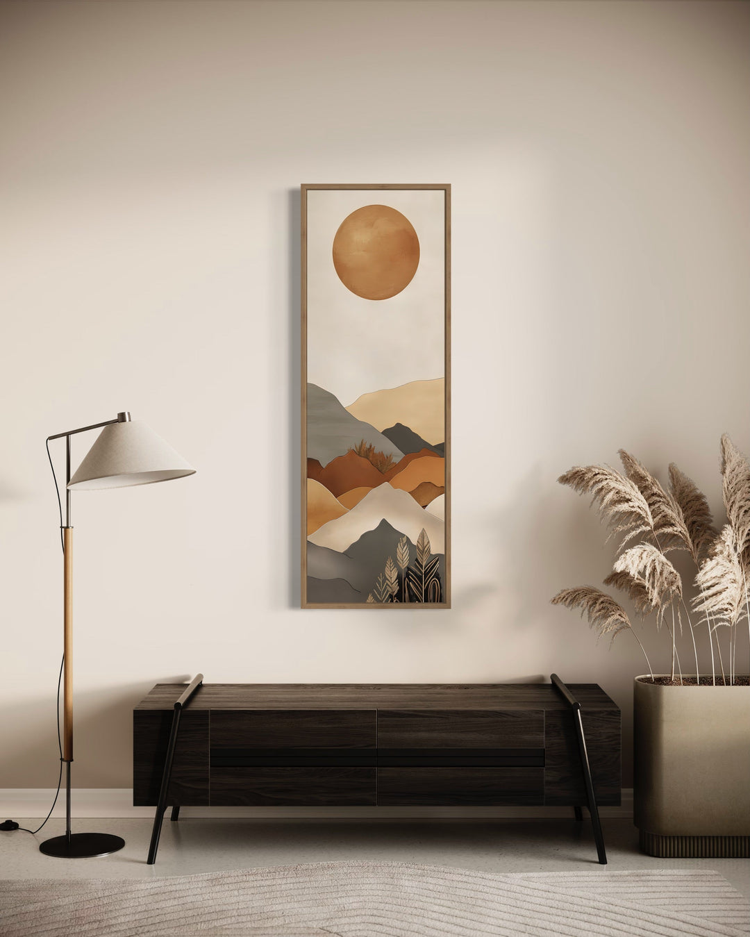 Long Narrow Vertical Mid Century Mountain Landscape Earth Tones Framed Canvas Wall Art