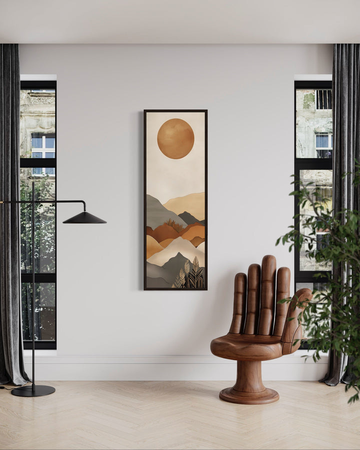 Long Narrow Vertical Mid Century Mountain Landscape Earth Tones Framed Canvas Wall Art