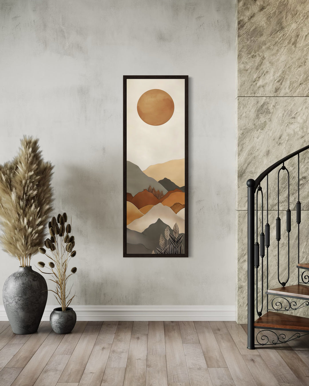 Long Narrow Vertical Mid Century Mountain Landscape Earth Tones Framed Canvas Wall Art