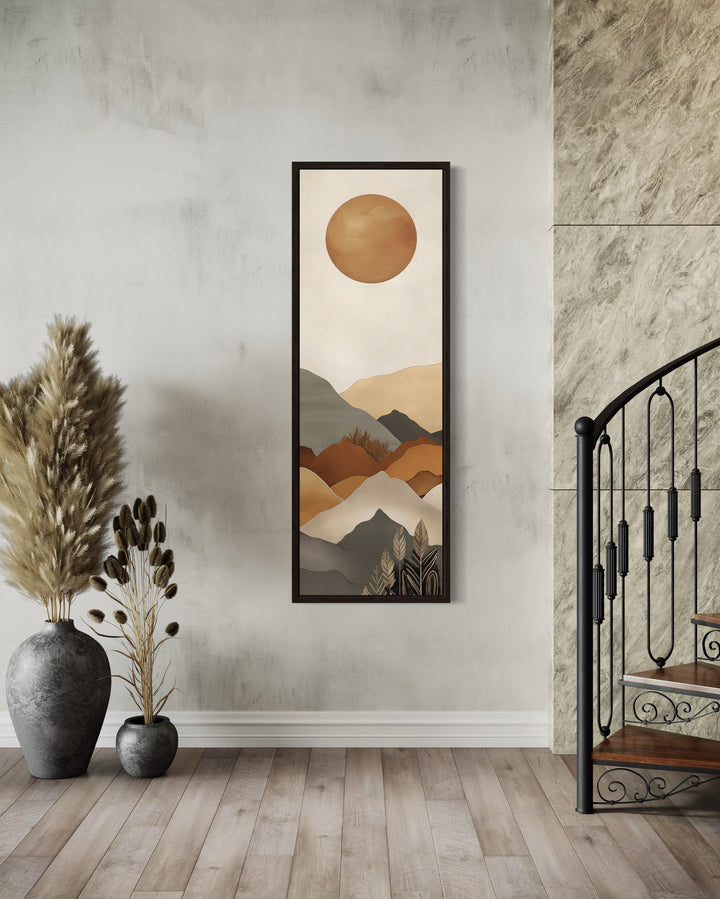 Long Narrow Vertical Mid Century Mountain Landscape Earth Tones Framed Canvas Wall Art