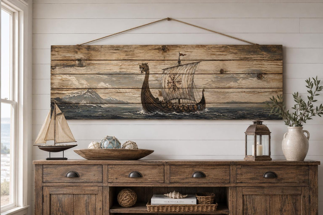 Long Narrow Viking Ship Wall Art - Rustic Distressed Wood Panel Decor For Men