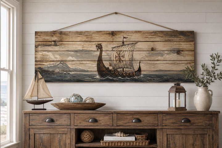 Long Narrow Viking Ship Wall Art - Rustic Distressed Wood Panel Decor For Men