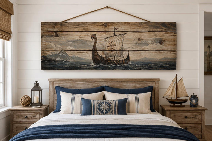 Long Narrow Viking Ship Wall Art - Rustic Distressed Wood Panel Decor For Men