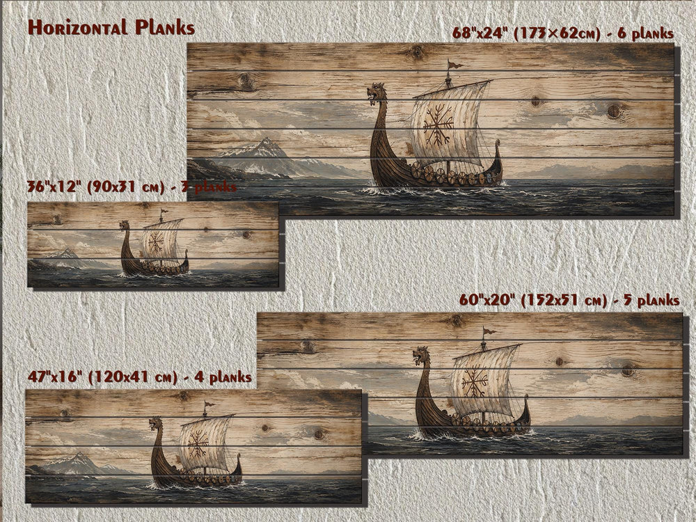 Long Narrow Viking Ship Wall Art - Rustic Distressed Wood Panel Decor For Men