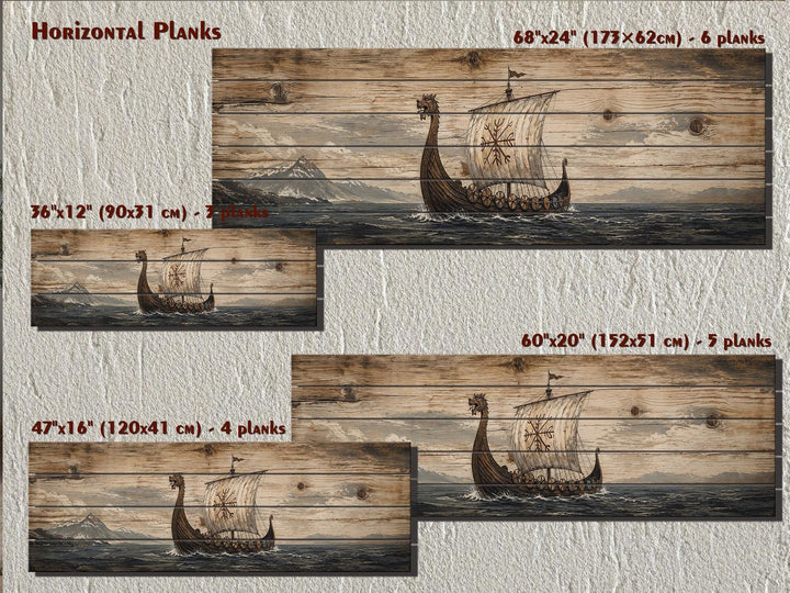 Long Narrow Viking Ship Wall Art - Rustic Distressed Wood Panel Decor For Men