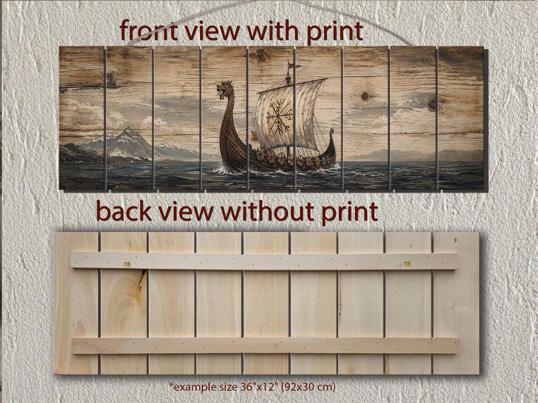 Long Narrow Viking Ship Wall Art - Rustic Distressed Wood Panel Decor For Men