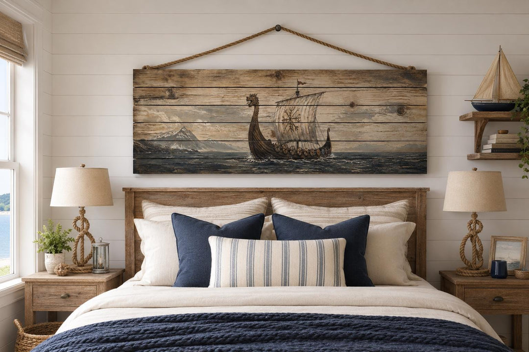 Long Narrow Viking Ship Wall Art - Rustic Distressed Wood Panel Decor For Men