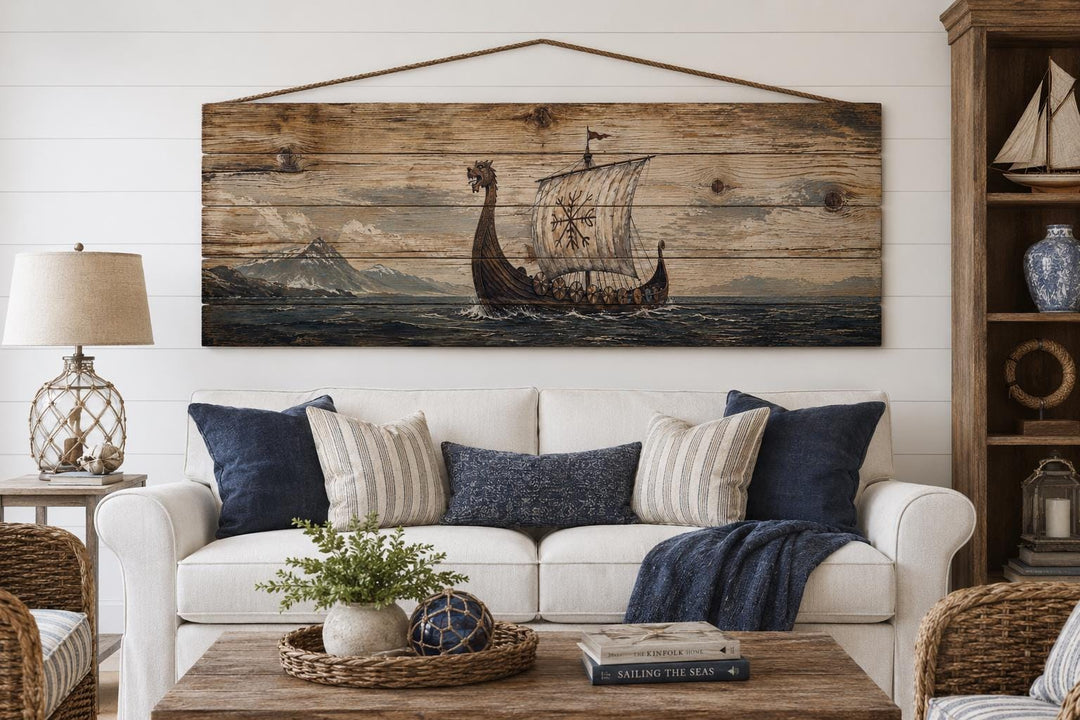 Long Narrow Viking Ship Wall Art - Rustic Distressed Wood Panel Decor For Men
