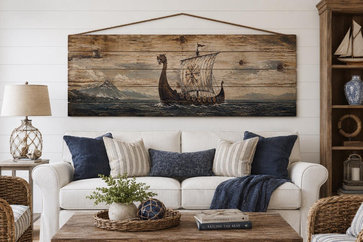 Long Narrow Viking Ship Wall Art - Rustic Distressed Wood Panel Decor For Men