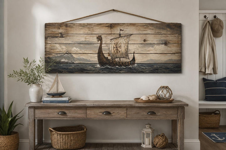 Long Narrow Viking Ship Wall Art - Rustic Distressed Wood Panel Decor For Men