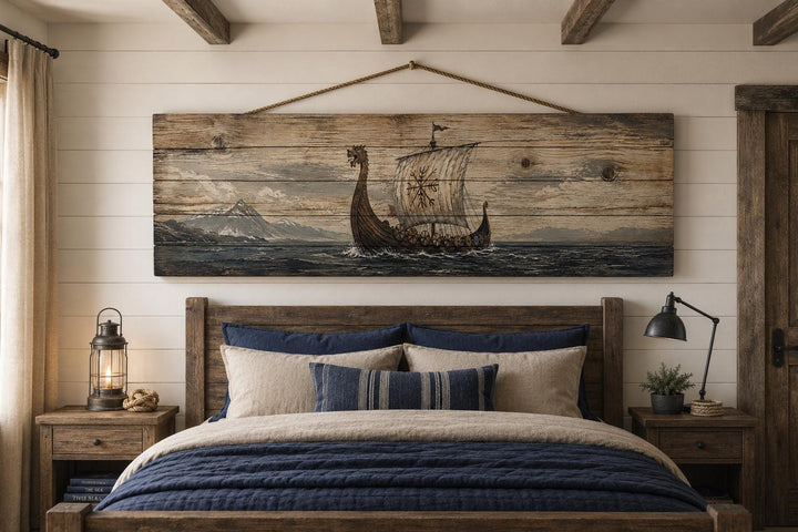 Long Narrow Viking Ship Wall Art - Rustic Distressed Wood Panel Decor For Men