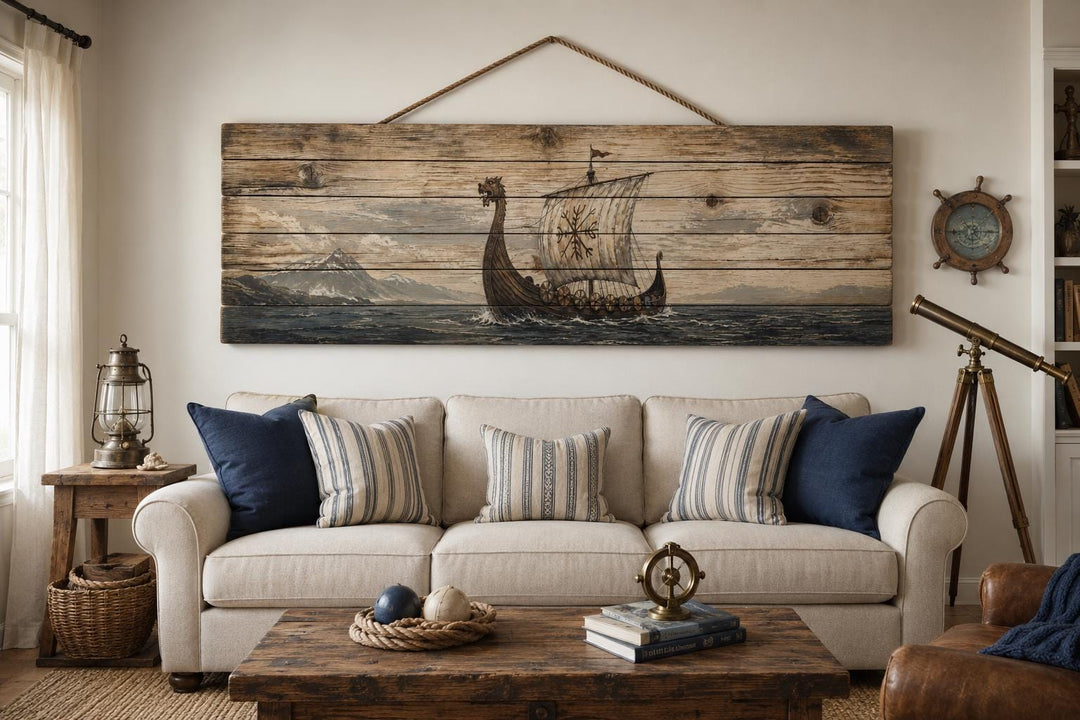 Long Narrow Viking Ship Wall Art - Rustic Distressed Wood Panel Decor For Men