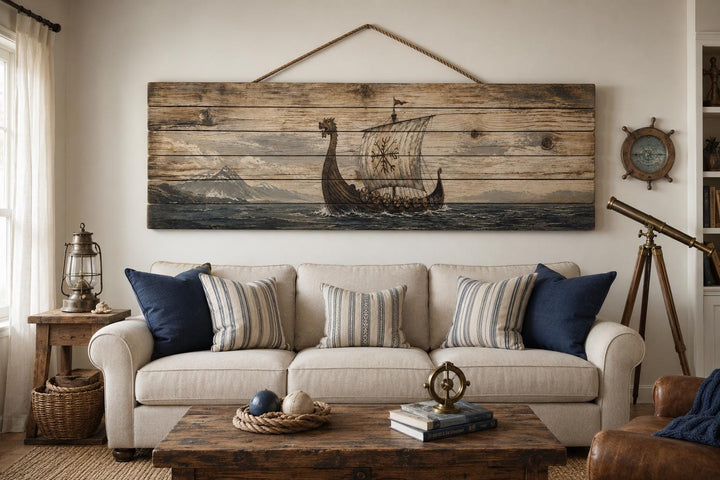 Long Narrow Viking Ship Wall Art - Rustic Distressed Wood Panel Decor For Men