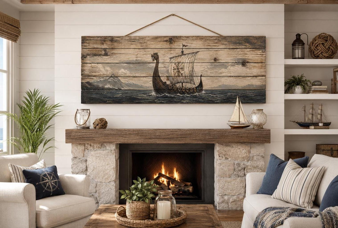 Long Narrow Viking Ship Wall Art - Rustic Distressed Wood Panel Decor For Men