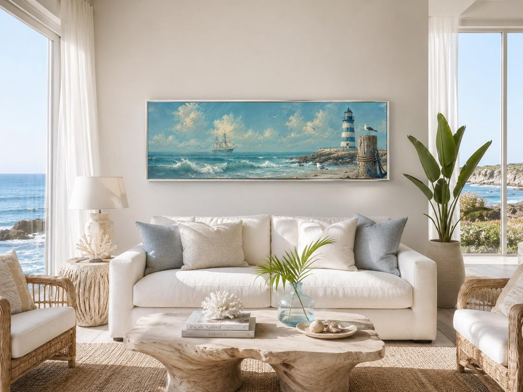 Long sailing ship and lighthouse canvas print hanging above a white sofa in a coastal living room.