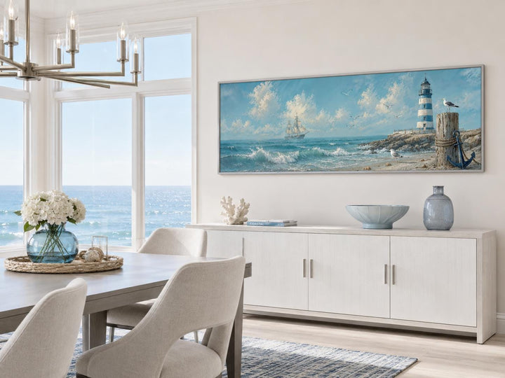 Long nautical canvas print of a sailing ship and lighthouse above a white sideboard in a beach room.