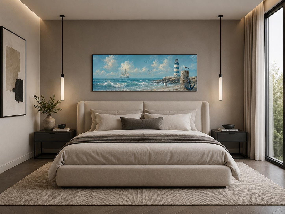 Long sailing ship and lighthouse canvas print above a bed in a nautical coastal bedroom.